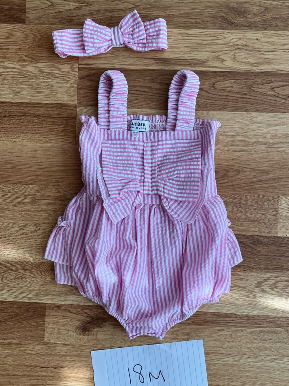 Blueberi Boulevard Pink & White Striped Bow Romper with Headband